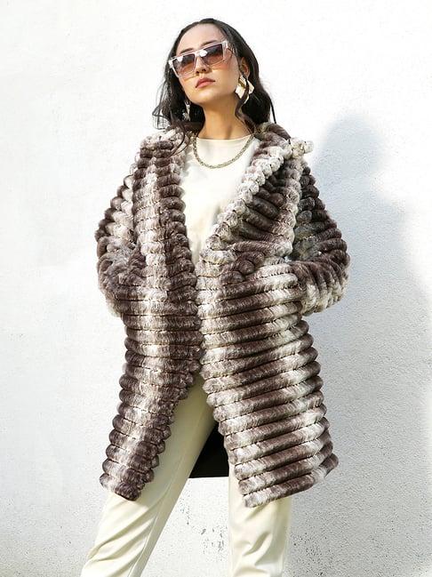 campus sutra white & brown textured coat