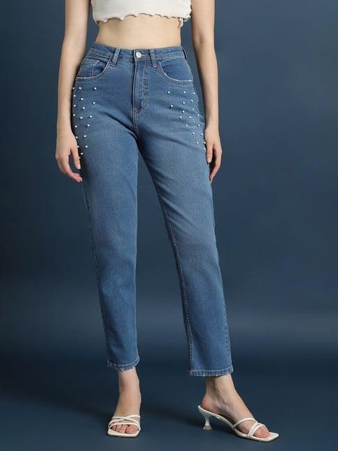 forever 21 blue cotton embellished mid rise jeans