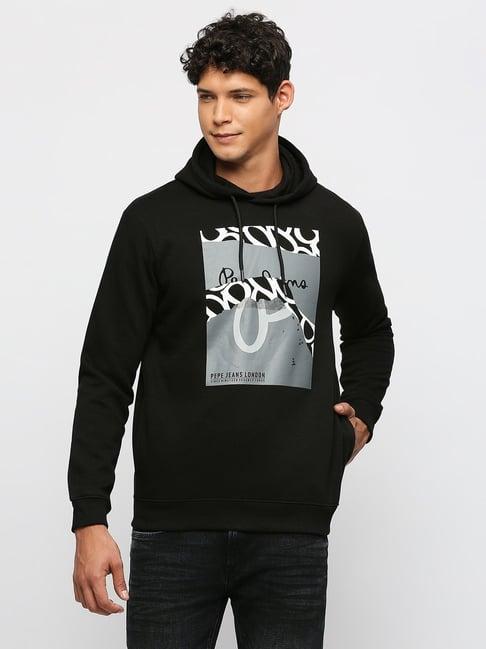 pepe jeans black regular fit printed hooded sweatshirt