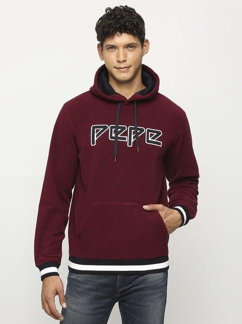 pepe jeans burgundy red regular fit logo printed hooded sweatshirt