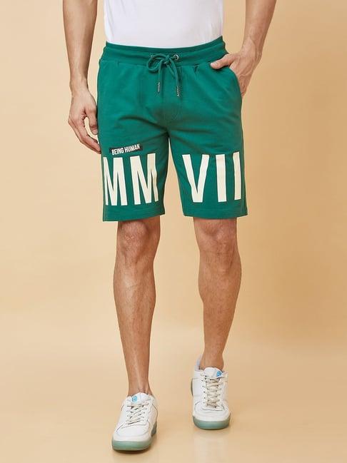 being human green regular fit printed shorts