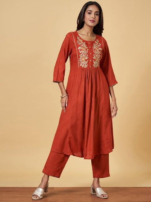 yu by pantaloons rust embroidered kurta pant set