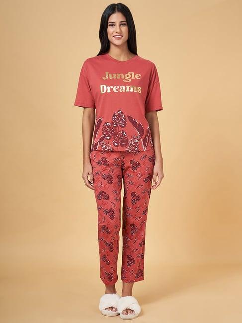 dreamz by pantaloons red cotton printed t-shirt pyjamas set