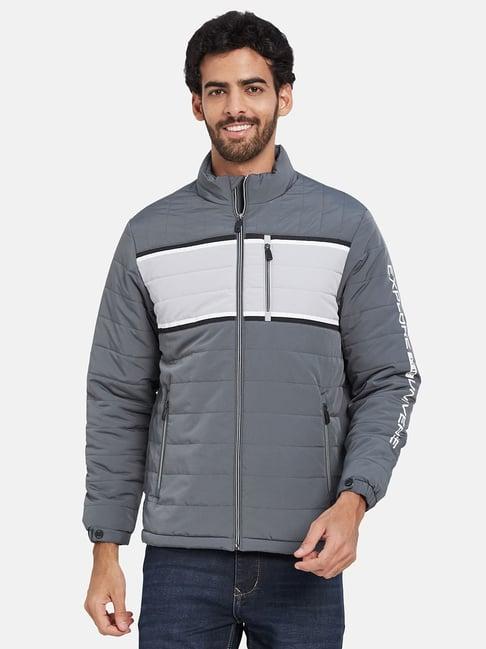 mettle dark grey regular fit mock collar padded jacket