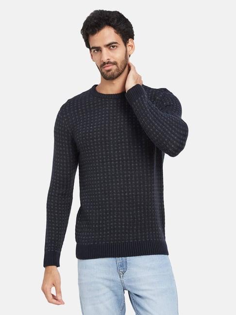 mettle navy regular fit self design round neck sweater