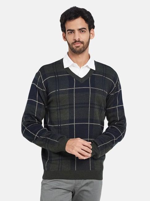 mettle olive melange regular fit check v neck sweater