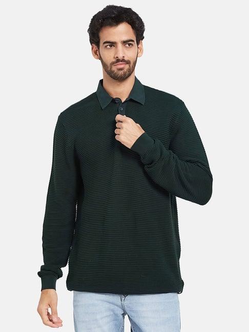 mettle mountain green regular fit self design polo neck sweater