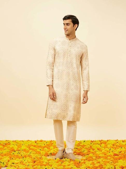 manyavar beige & white regular fit embroidered kurta & pyjamas set