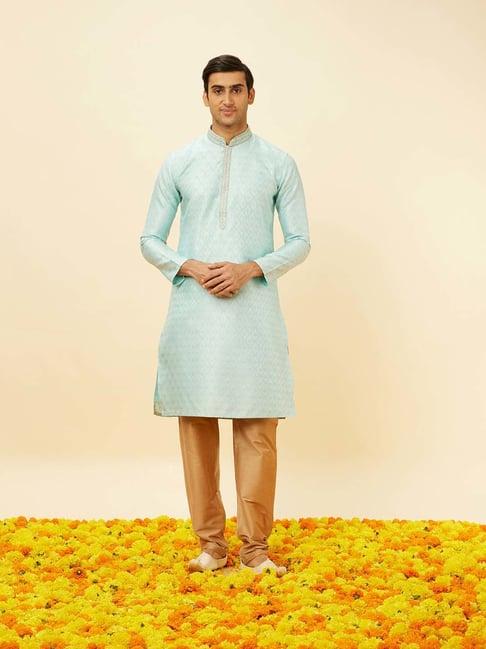 manyavar blue & gold regular fit self design kurta & churidar set