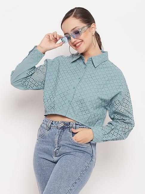 madame sea green self design crop shirt