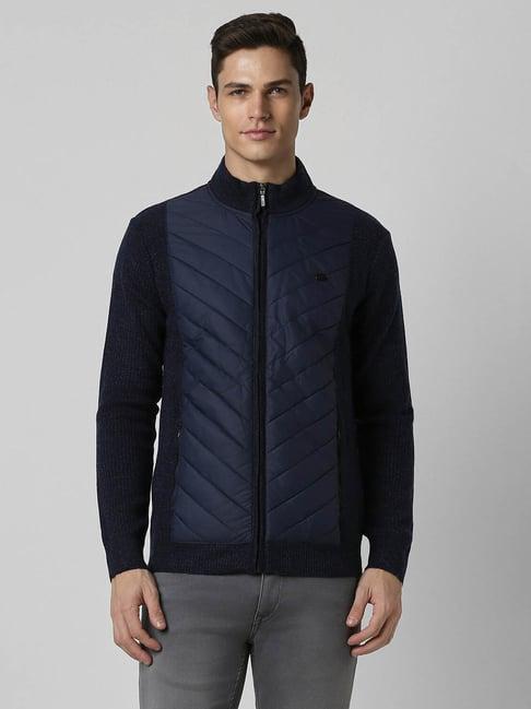 peter england casuals navy linen regular fit colour block quilted jacket