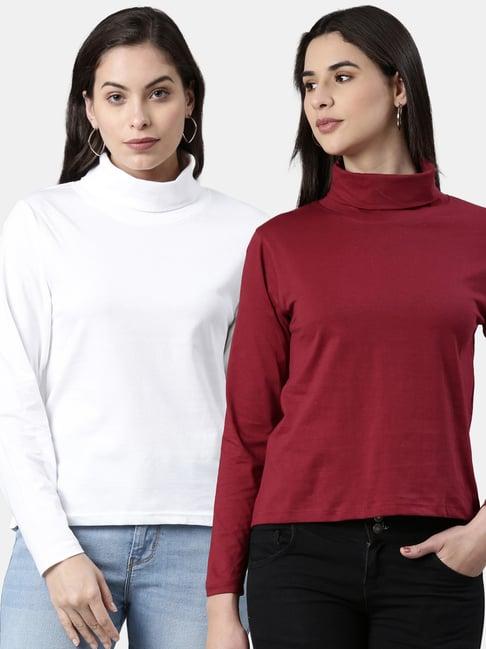 kryptic white & maroon cotton regular fit t-shirt (pack of 2)