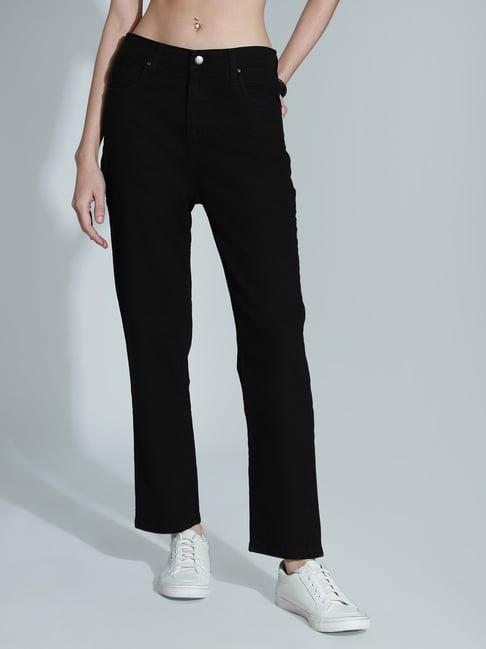 high star black cotton straight fit high rise jeans