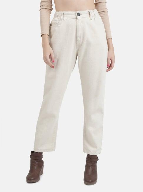 bene kleed off white cotton relaxed fit high rise jeans