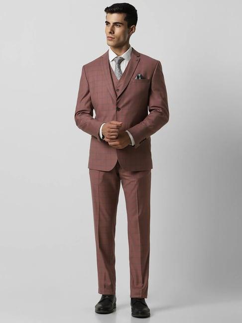 van heusen maroon slim fit checks three piece suit