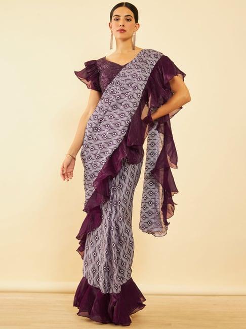 soch purple printed ready to wear saree with readymade blouse