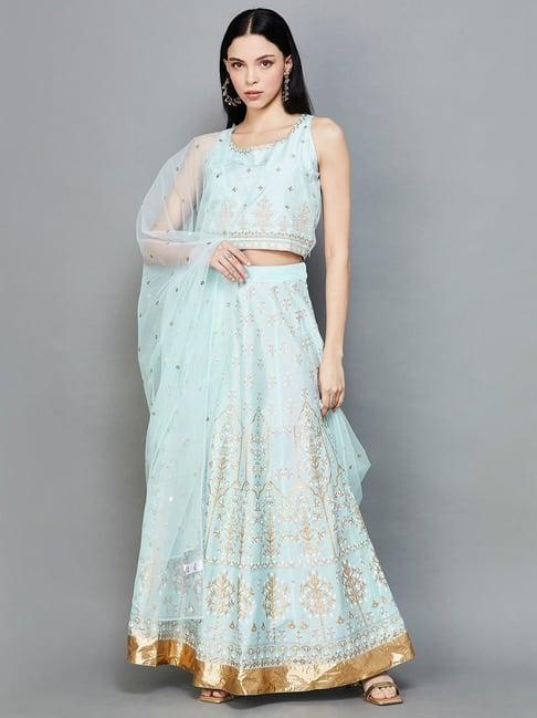 melange by lifestyle blue embroidered crop top skirt set with dupatta