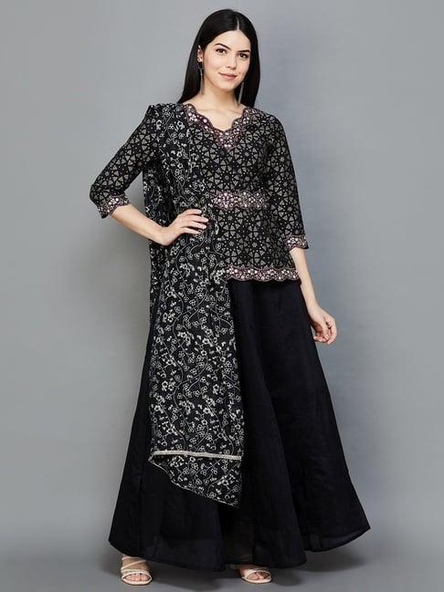 melange by lifestyle black printed top skirt set with dupatta