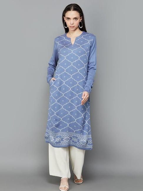 melange by lifestyle blue embroidered straight kurta