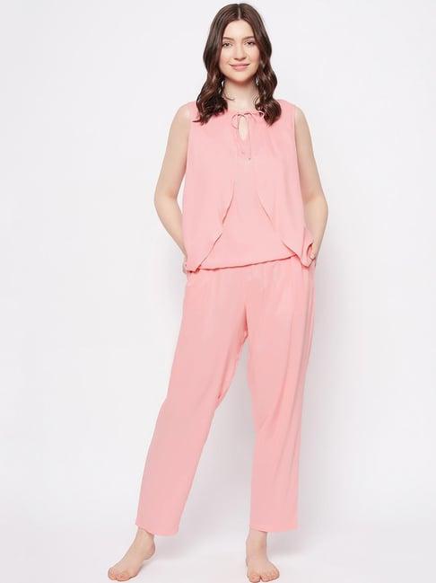 clovia pink plain top pyjamas set