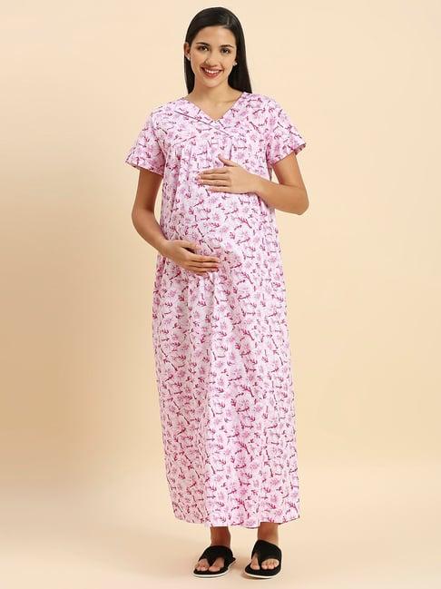 momtobe pink cotton floral print feeding nighty