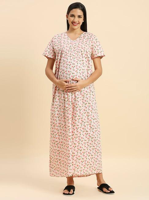 momtobe peach cotton floral print feeding nighty