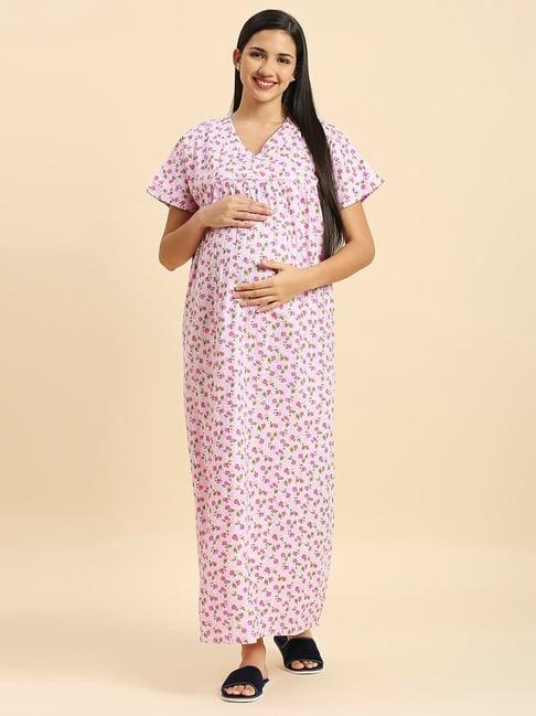 momtobe pink cotton floral print feeding nighty