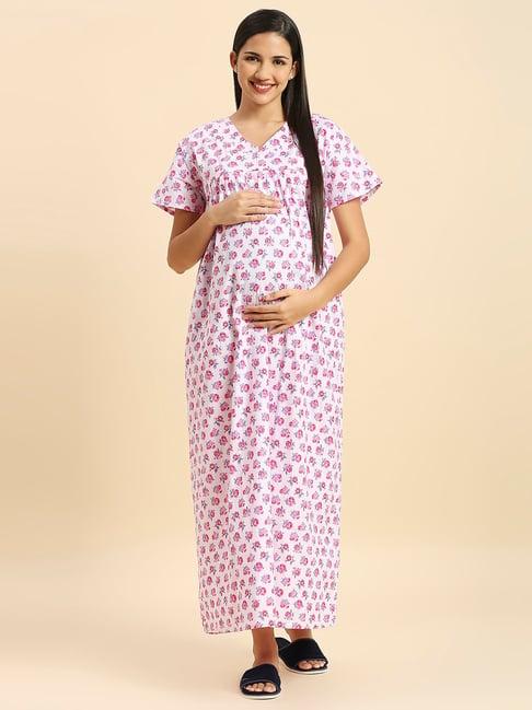 momtobe pink cotton floral print feeding nighty