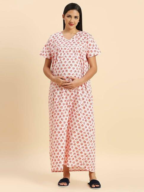 momtobe peach cotton floral print feeding nighty