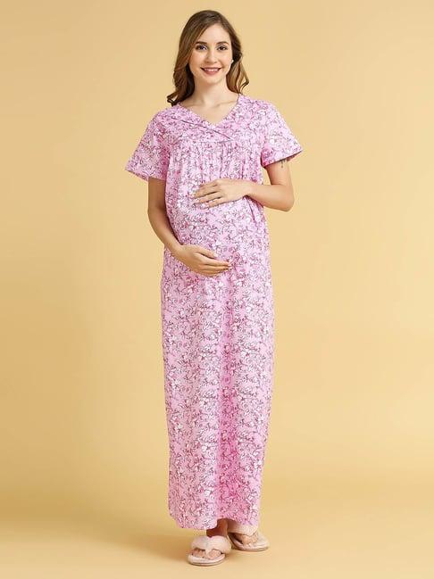 momtobe pink cotton floral print feeding nighty