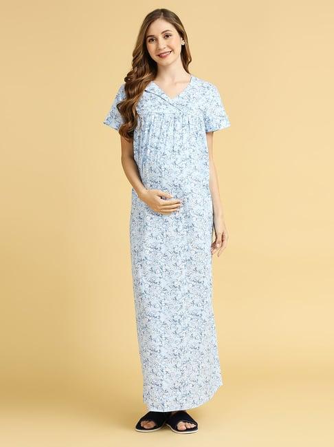 momtobe blue cotton floral print feeding nighty