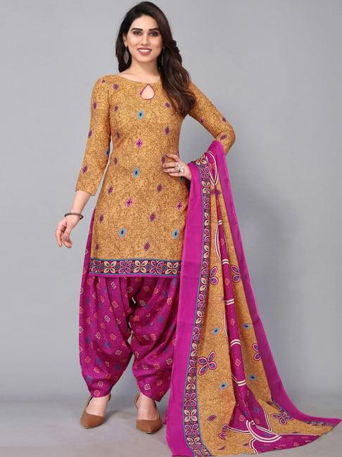 skylee yellow & pink printed kurti salwaar set with dupatta