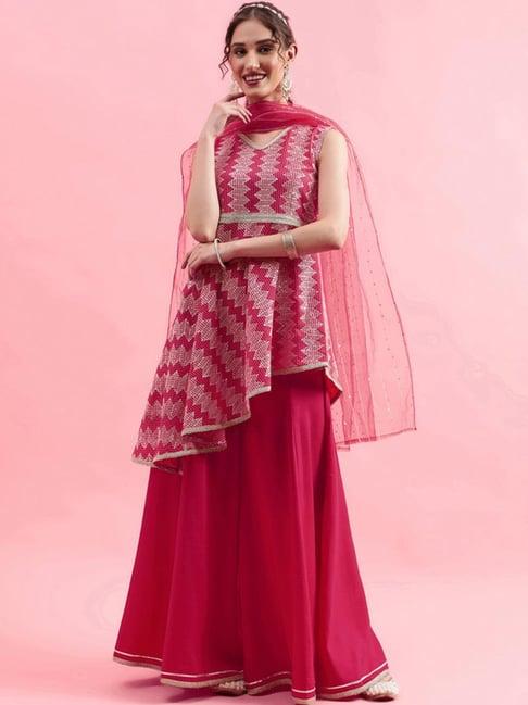 skylee pink embroidered kurti sharara set with dupatta