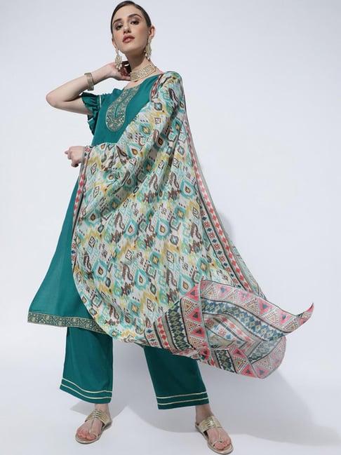 skylee rama green embroidered kurta pant set with dupatta