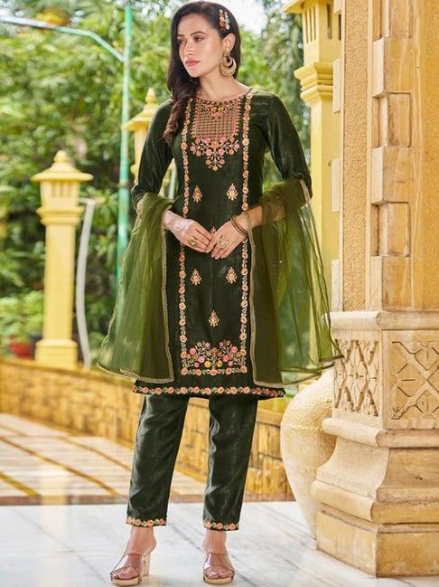 skylee bottle green embroidered kurta pant set with dupatta