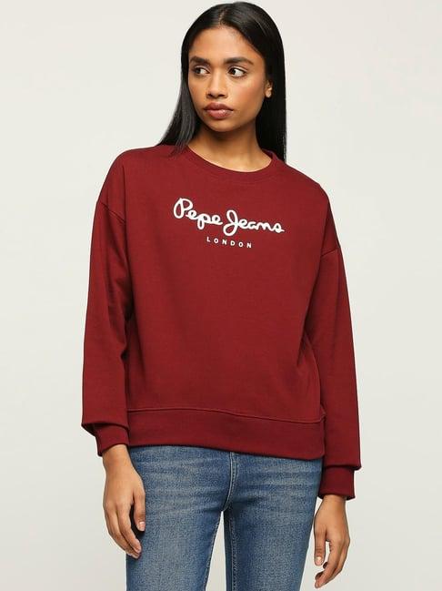 pepe jeans maroon cotton printed sweatshirt