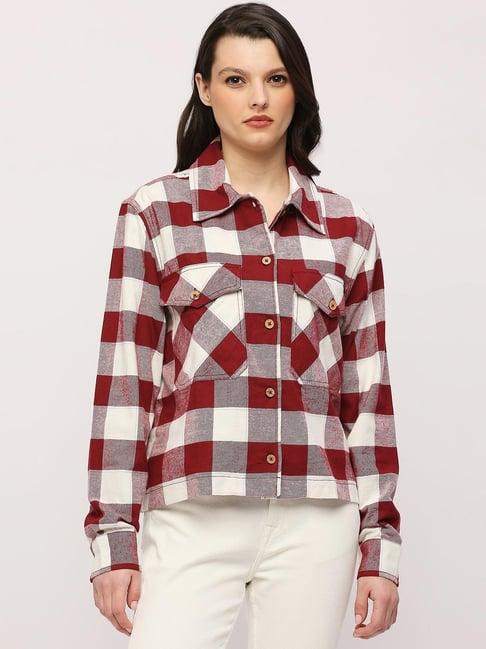 pepe jeans maroon & white cotton chequered shirt