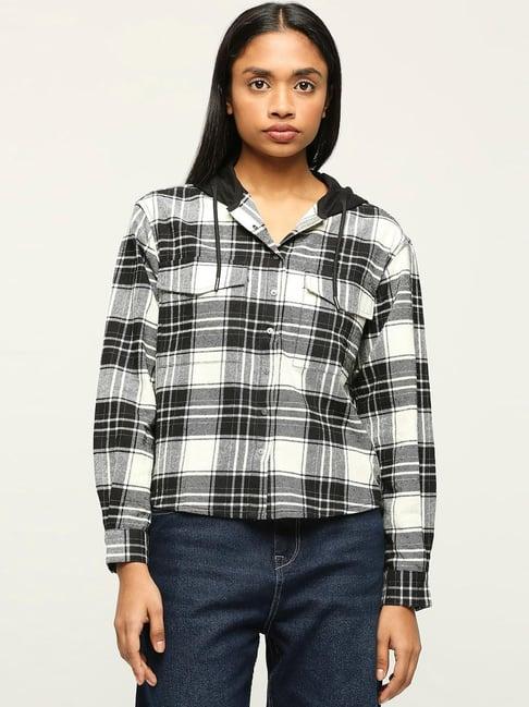 pepe jeans black & white cotton chequered shirt