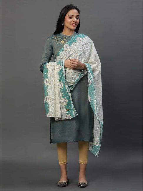 aurelia off-white & green cotton printed dupatta