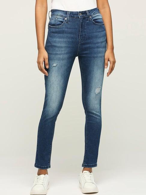 pepe jeans blue cotton mid rise jeans