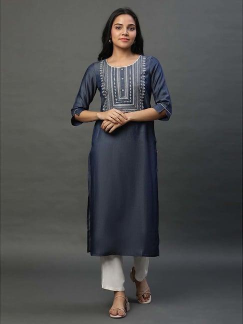 aurelia blue embroidered straight kurta