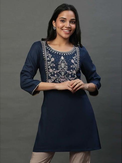 aurelia blue embroidered a line short kurti