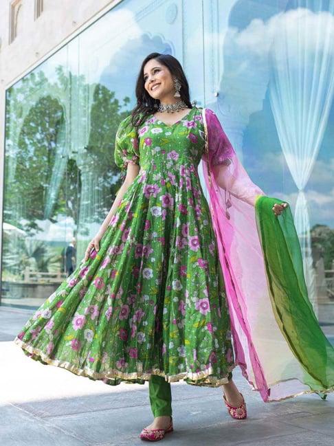 aachho green floral print kurta pant set with dupatta