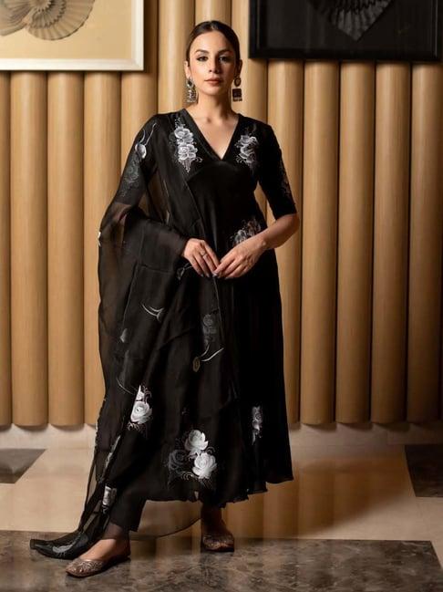 aachho black floral print kurta pant set with dupatta