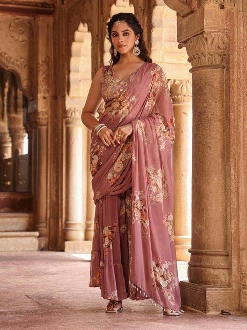 scakhi purple printed ready to wear sharara saree with blouse