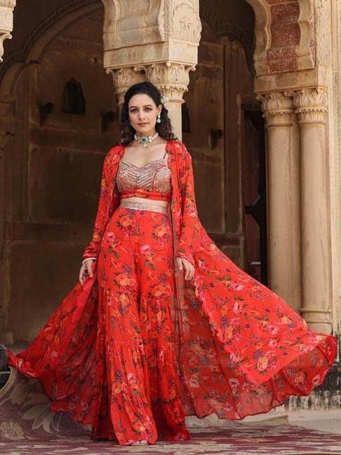 scakhi red embellished crop top sharara set with cape