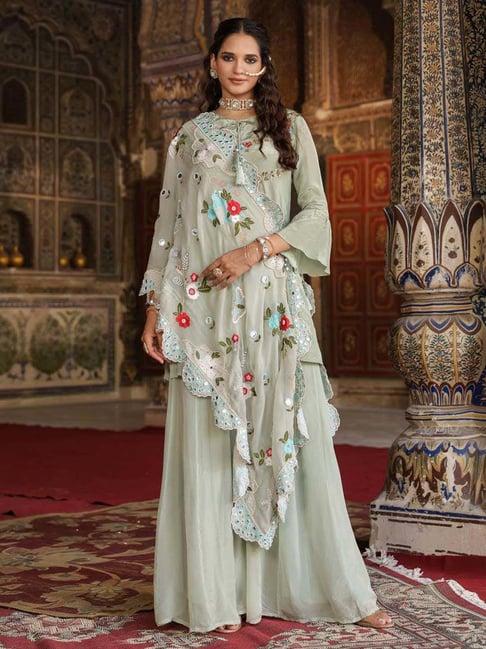 scakhi blue embroidered kurti palazzo set with dupatta