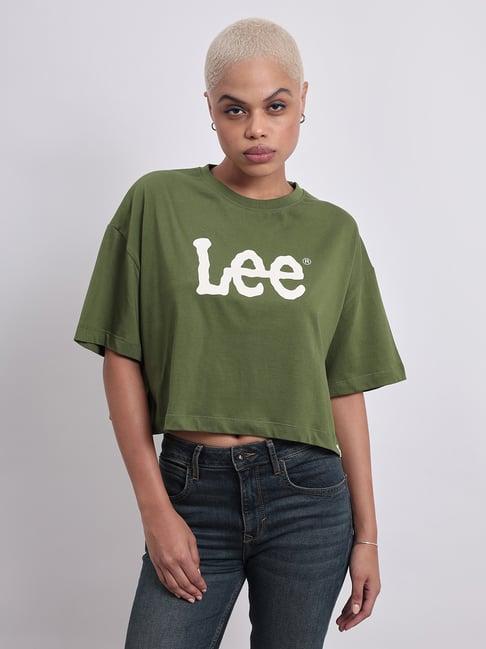 lee dark green cotton logo print t-shirt