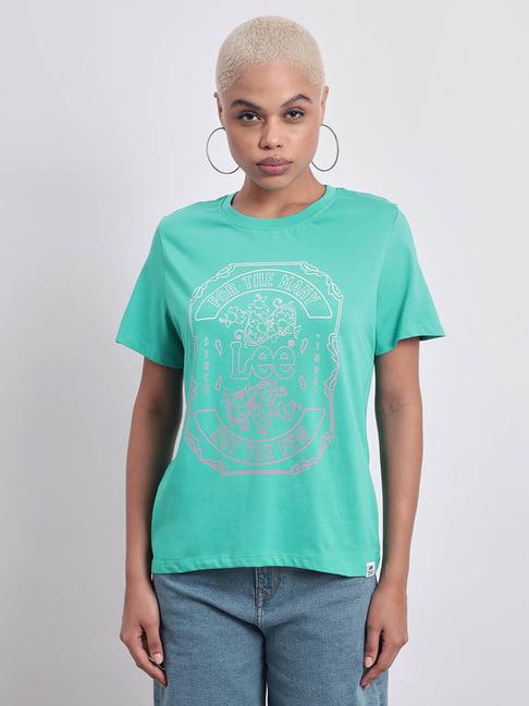 lee turquoise cotton graphic print t-shirt