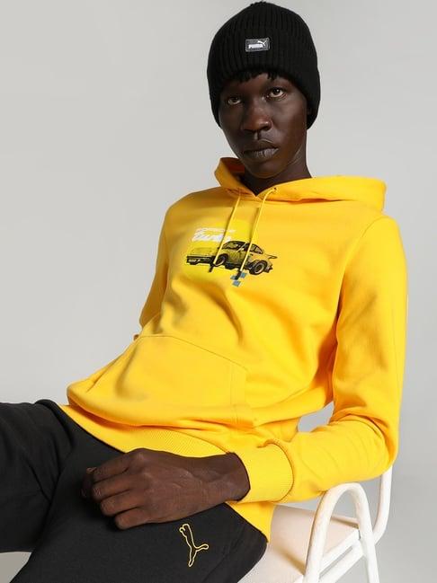 puma sport yellow cotton regular fit porsche legacy motorsport printed hooded sweatshirt